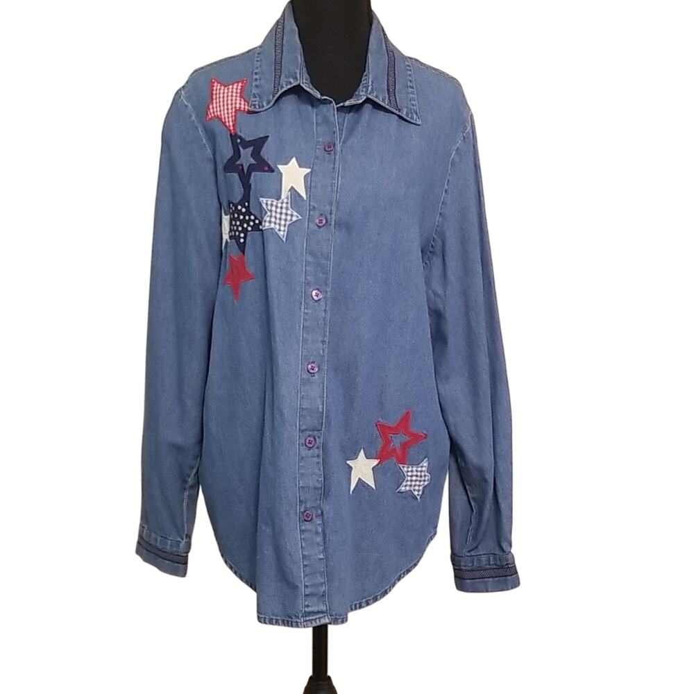 Vintage American Flag 4th of July Patriotic Denim Shirt Star Patchwork Cotton L